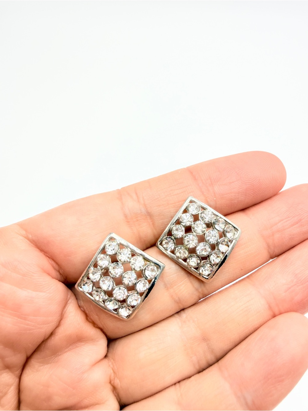 Silver-Tone Square Rhinestone Stud Earrings – Curved Sparkle Statement Earrings